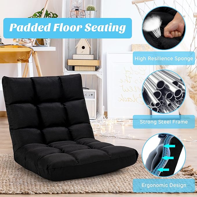 Giantex Adjustable Floor Gaming Sofa Chair 14-Position Cushioned Folding Lazy Recliner High Resilience Sponge, Breathable Cotton & Linen Fabric Sleeper Bed Couch Recliner with Removable Cover (Black)