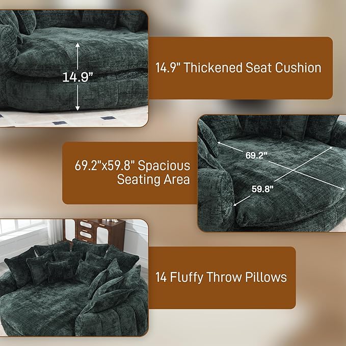81" Oversized Bean Bag Chair Boneless Round Chaise Lounge Comfy Chenille Reading Chair Fluffy Plush Sofa Bed Large Deep Seat Circle Cloud Couch for Living Room, Bedroom, Apartment, Green