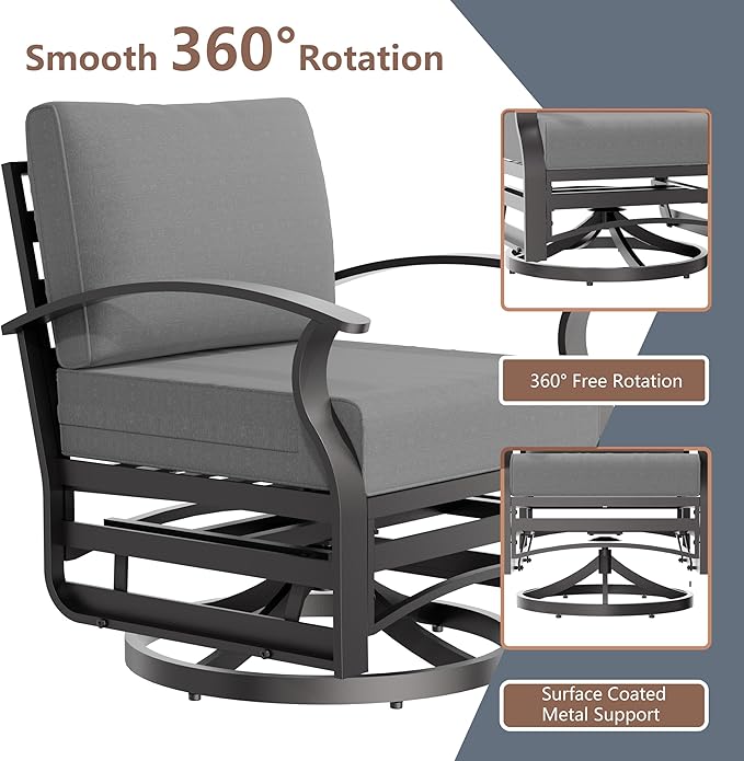 RTDTD Aluminum Outdoor Patio Furniture Set,5 Pieces 7 Seats Patio Conversation Sets with 2 Swivel Rocking Chairs,Metal Patio Sectional Furniture Set with 5.1" Thickened Cushions,Grey