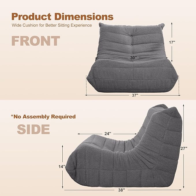 Bean Bag Chair Big Sofa Beanbag Chair for Adults Fireside Chair Bean Bag Lounger with Memory Foam Filled for Home,Apartment or Gaming Venue (Darkgrey Teddy)