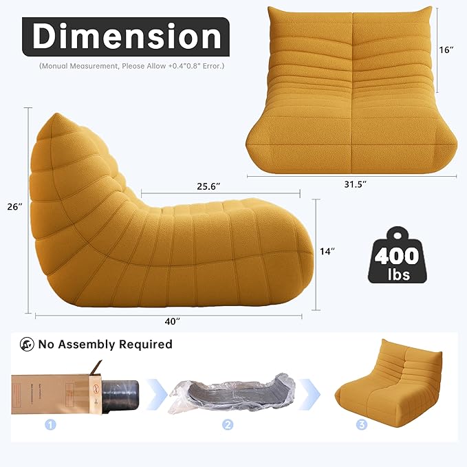 Bean Bag Chairs for Adults, BeanBag Reading Chair Memory Foam Couch, Floor Chair Soft Teddy Material, Comfy Reading Nook Chairs for Bedroom Living Room Office (Yellow)