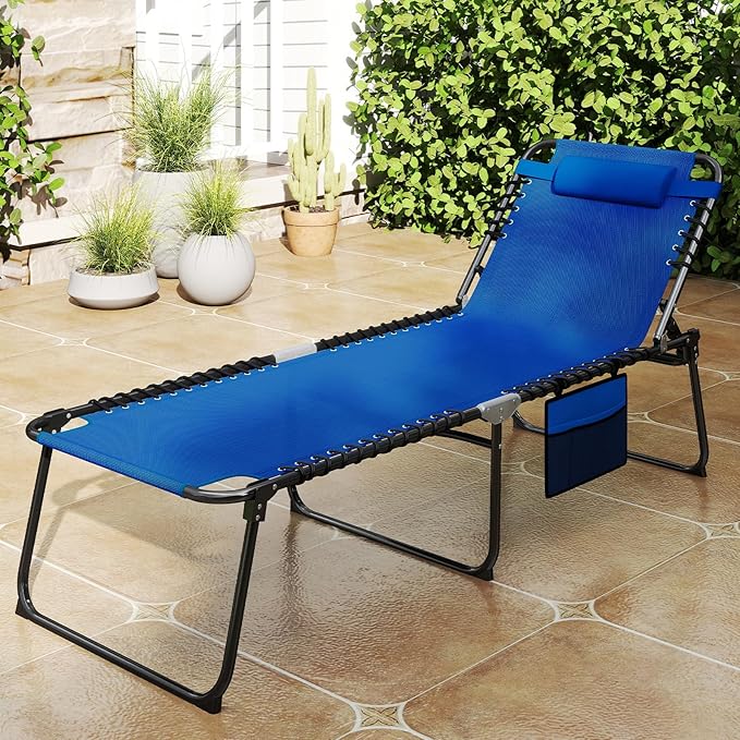 Goplus Extra Large Lounge Chair Outdoor, 27” Wide Folding 5-Position Tanning Chair with Detachable Pillow, Side Pocket, 16” High Chaise Lounger, Patio Lounge Chair for Yard Pool Yard