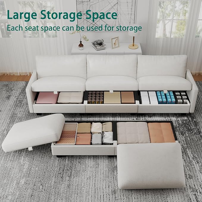 Modular Sectional U Shaped Sofa Couches for Living Room, Cloud Couch with Storage Ottoman, Comfy Chenille Sofa with Pillow, Beige