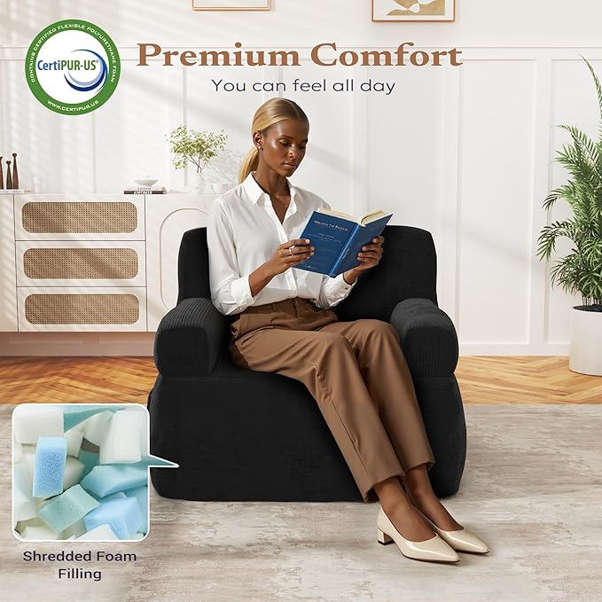 Giant Bean Bag Chair for Adults, Plush Big Bean Bag Lounger Chair with Shredded Foam Filling, Oversized Comfy Floor Sofa Couch with Side Pocket for Bedroom Living Room Black