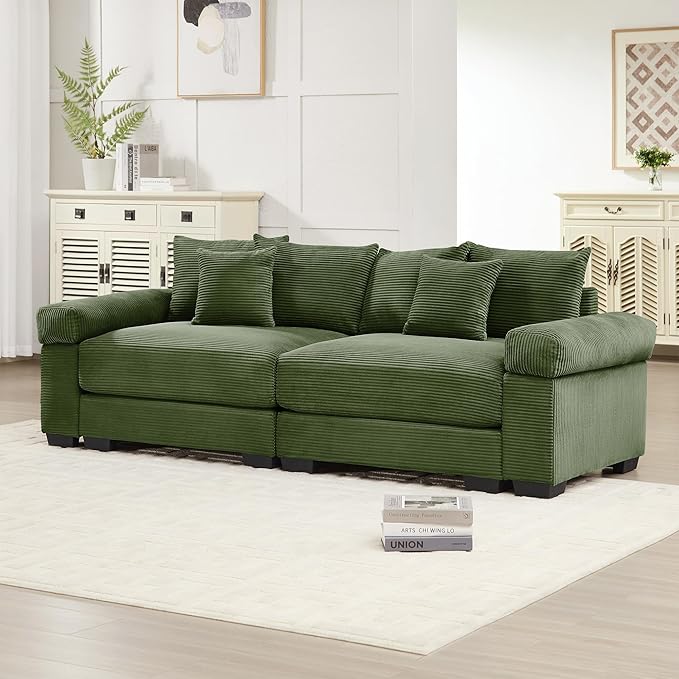 KEIKI 83" Oversized Corduroy Modular Sectional Loveseat Sofa with High-Density Foam Cushions, Extra-Thick Armrest, Upholstered Modern 2-Seater Fluffy Corner Couch with 6 Pillow, for Living Room, Green