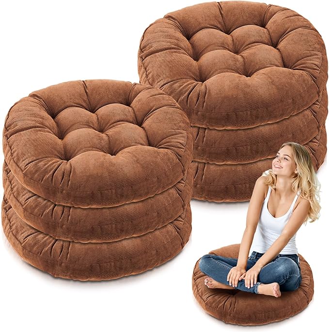 Jerify Floor Pillow Cushions 22 x 22 Inch Round Square Large Meditation Floor Pillow for Classroom Adult Meditation Picnic Party Cushion for Seating Gift Christmas(Round,Brown,6 Pcs)