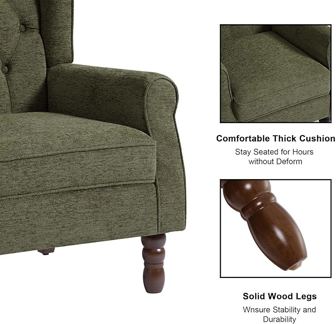 DREAMSIDEA Accent Chair, Upholstered Armchair with Button Tufted High Back & Solid Wood Legs, Comfy Wingback Reading Single Sofa Chair for Small Spaces, Living Room, Bedroom-Green, Set of 1