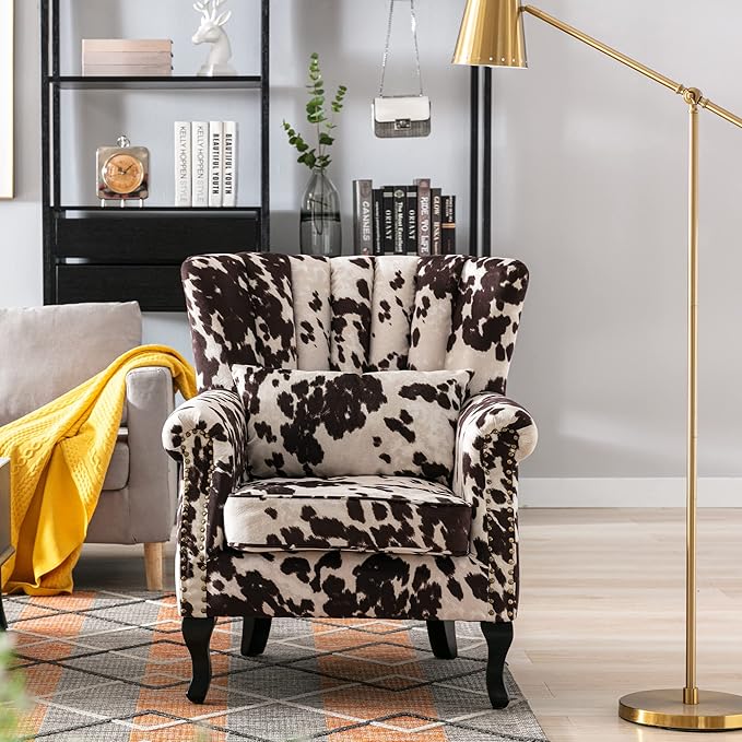 DM Furniture Cow Print Accent Chair Modern Velvet Armchair Tufted Wingback Club Chair Single Sofa Lounge Side Chair with Pillow for Living Room Bedroom, Cow