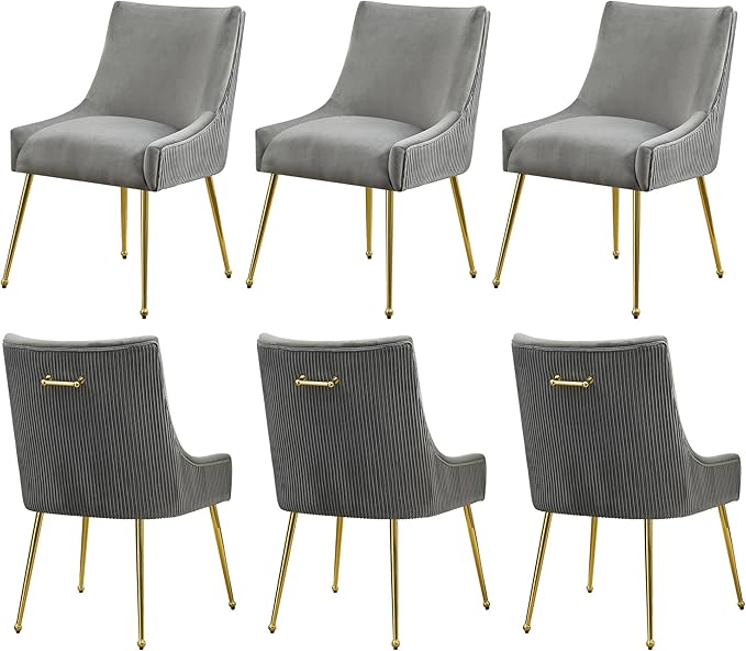 WUTUTUEE Velvet Dining Chairs Set of 6 Gold Legs,Upholstered Velvet Accent Chairs, Pleated Back Design & Gold Pull Handle, Mid Century Modern Chairs for Dining/Kitchen/Living Room,Light Grey