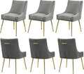 WUTUTUEE Velvet Dining Chairs Set of 6 Gold Legs,Upholstered Velvet Accent Chairs, Pleated Back Design & Gold Pull Handle, Mid Century Modern Chairs for Dining/Kitchen/Living Room,Light Grey