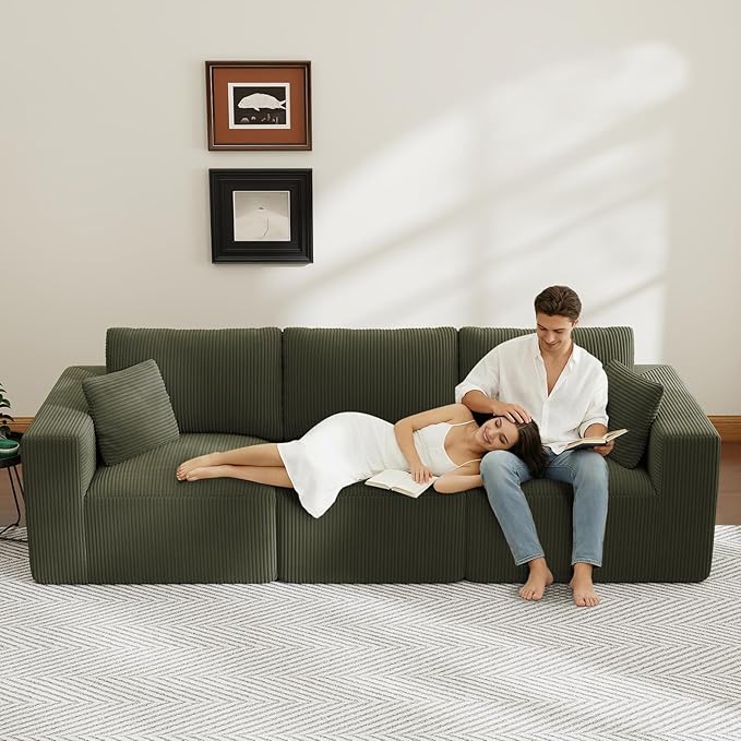 110" Modular Sectional Sofa, Cloud Couch Memory Foam 3-Seater Boneless Sofa, Cozy Upholstered Corduroy Frameless Couch, No Assembly Required Extra Wide Seating for Living Room & Apartment, Green