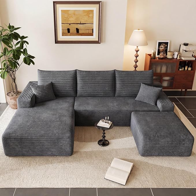95" U-Shape Cloud Couch, Modern Modular Sectional L-Shape Sofa with Ottoman, Corduroy Upholstered Couches Deep Seat Sleeper Chaise Longue for Living Room, No Assembly Required(Dark Gray, Left Facing)