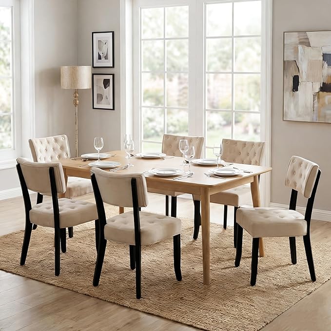 UVV Upholstered Dining Chairs Set of 6, Mid Century Modern Tufted Kitchen Chairs Dining Room Chairs, Velvet Dinner Chair with Wood Legs for Dining Room Kitchen, Beige-Black Legs