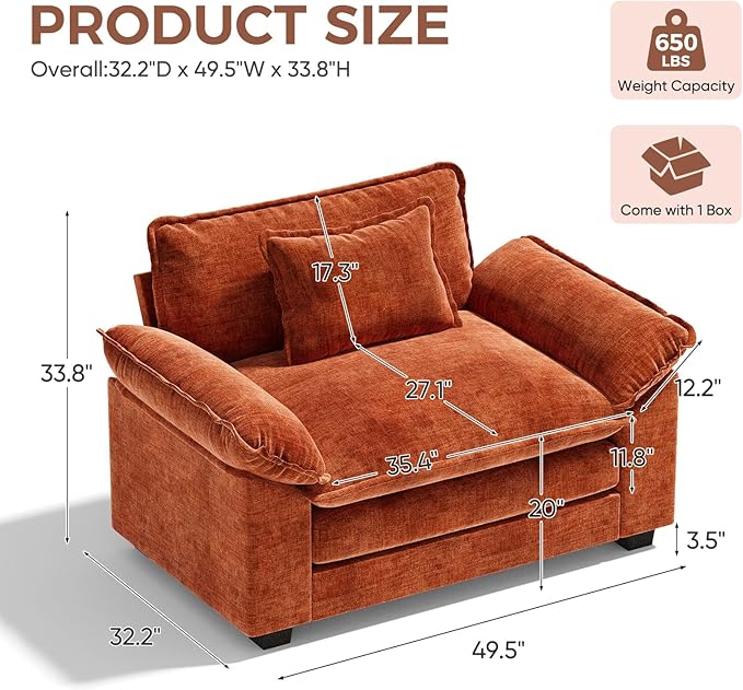 HUSFU 49.5'' W Oversized Accent Chair, Chenille Cloud Sofa Chair with Deep Seat and Extra Wide Armrests, Comfy Reading Armchair for Bedroom, Living Room, Set of 2, Terracotta Orange