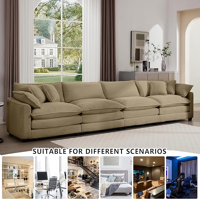Aoowow Corduroy 4 Seater Sofa Couch,Modern Large Cloud Couches for Living Room,Tufted Modular Sectional Cloud Sofas with Deep Seat,Oversized 4 Seat Sofa Set. (Tan, 4 Seater)