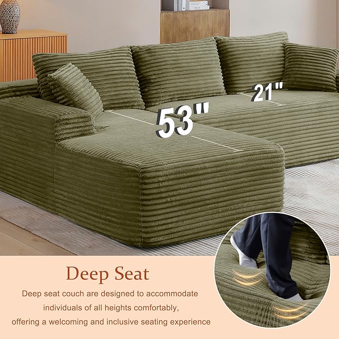 HYJT-H&K Modular Sectional Sofa Cloud Sectional Couch, 95" Comfy Fluffy L Shaped Green Couches for Living Room, Deep Seat Memory Foam Plush Corduroy Boneless Couch Sectionals Left Facing Chaise Sofa