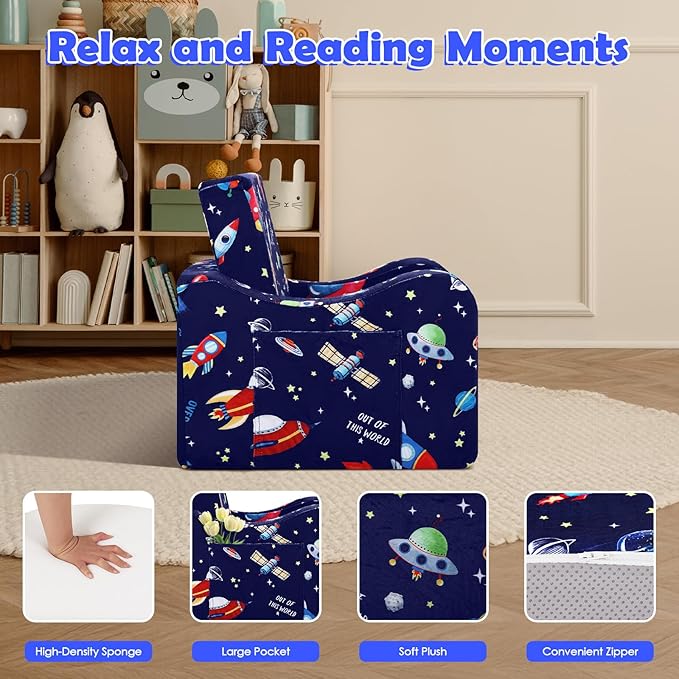 alldomess Comfy Kids Couch, 2-in-1 Folding Kids Sofa Bed for Toddler Boys, Convertible Sofa to Lounger Toddler Couch Chair for Baby Bedroom Playroom Nursery,Rockets