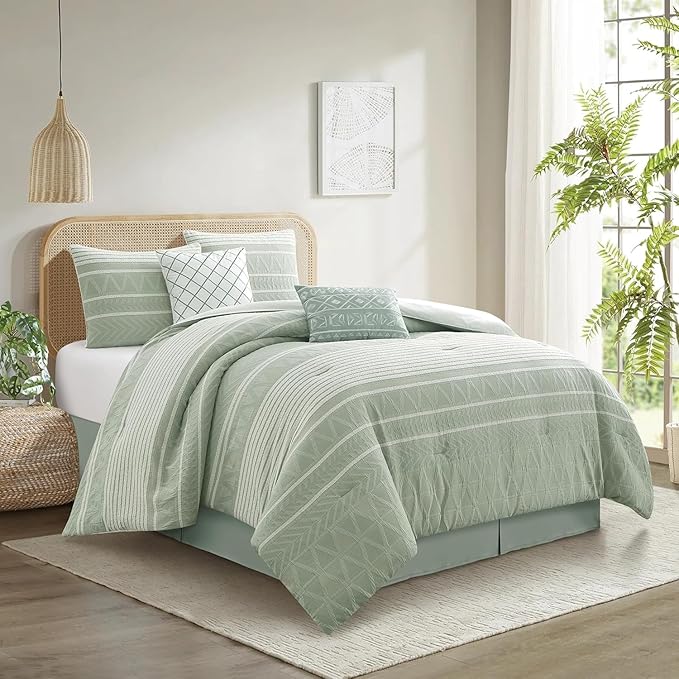Grand Avenue Cotton Queen Size Comforter Set, 6 Piece, Sage Geometric Jacquard Bedding Set, Bedskirt, Pillows & Shams, Home Decor