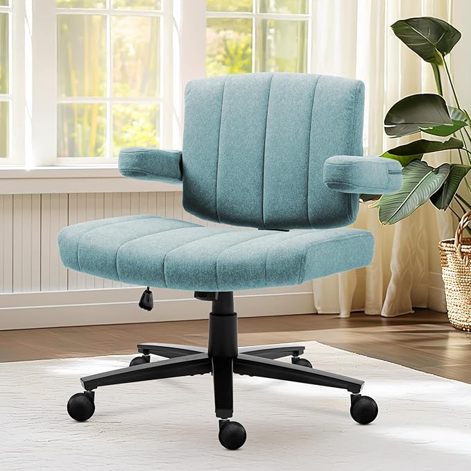 Vigosit Blue Criss Cross Office Chair with Wheels, Ergonomic Wide Seat Vanity & Dressing Table Chair, Adjustable Arms Swivel Rolling Desk Chair for Women, Comfortable Cross-Legged Support