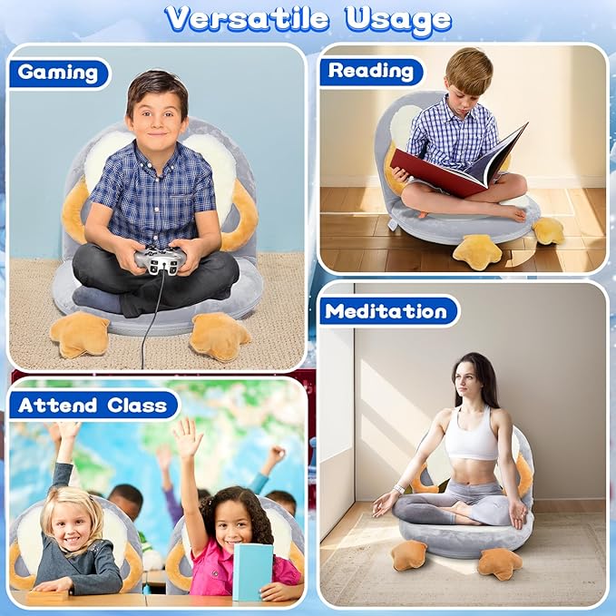 Floor Chair for Kids, Penguin Floor Seating with Back Support 5 Adjustable Position Ideal for Reading Gaming Meditating Yoga, Kids Chair for Daycare Preschool Classroom (Grey)