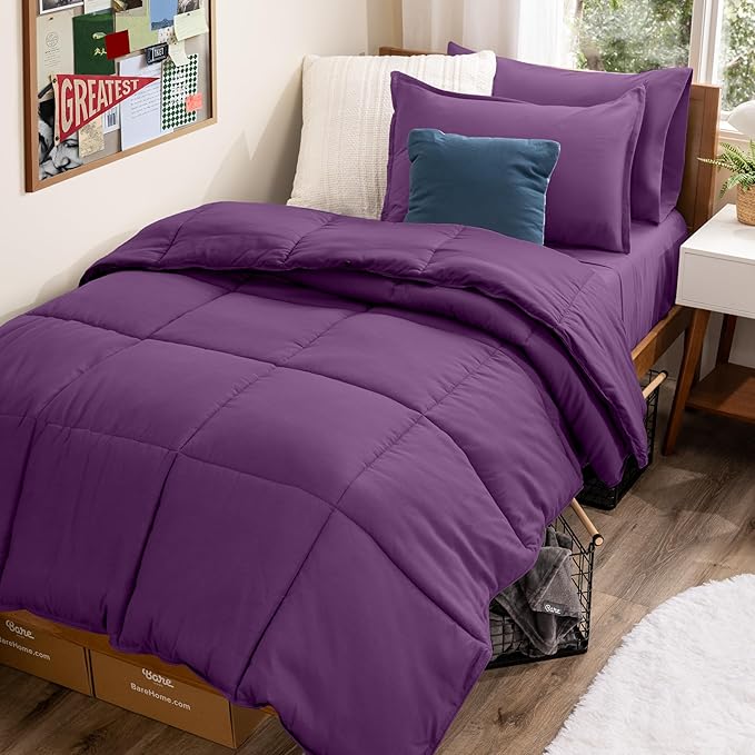 Bare Home Bed-in-A-Bag 5 Piece Comforter & Sheet Set - Twin XL - Goose Down Alternative - Ultra-Soft 1800 Premium Bed Set (Twin XL, Plum/Plum)