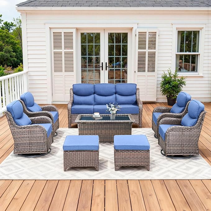 Pugire Luxury High Back Patio Furniture Set with 6-Inch Thick Cushions, 8-Pieces Outdoor Furniture with Swivel Chairs, Wicker Conversation Set for Porch, Balcony, Deck and Yard, Brown/Blue