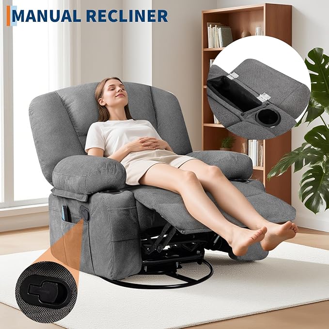 Rocker Recliner Chairs for Adults w/Vibration Massage and Heating,360° Swivel Rocker Glider Recliner,Extra Wide Manual Lazy Chair,Chenille Fabric Sofa Chair for Living Room,Bedroom Grey