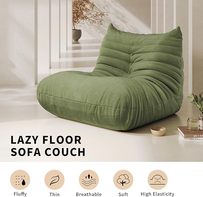 Bean Bag Chair for Adults Fireside Floor Lazy Sofa Couches Corduroy Cozy Sofas with Ergonomic Design Memory Foam Lounger Couch for Dorm, Apartment and Gaming Venue,Olive Green