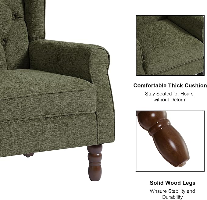 DREAMSIDEA Accent Chair, Upholstered Armchair with Button Tufted High Back & Solid Wood Legs, Comfy Wingback Reading Single Sofa Chair for Small Spaces, Living Room, Bedroom (Green, Set of 2)