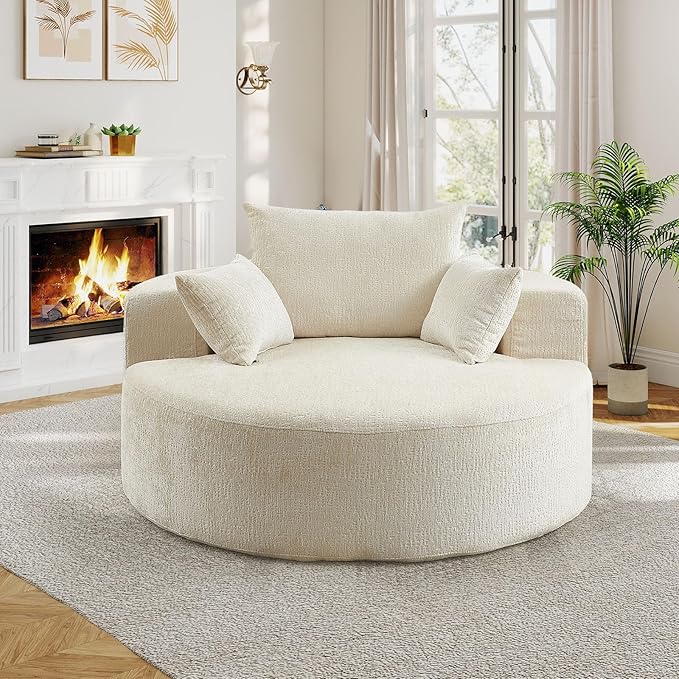 55"W Oversized Round Chair Lounge Chaise Indoor, Upholstered Comfy Circle Sofa Armchair, Modern Cozy Boneless Foam Floor Reading Chair for Living Room, Bedroom, No Assembly Required(Chenille, Beige)