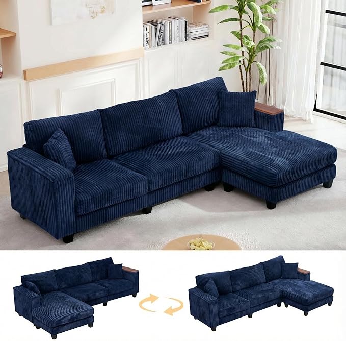 FurniMix 4-Seat Corduroy Sectional Sofa with Swappable Chaise, Soft Upholstery, Wide Seats & Armrest Storage,Blue