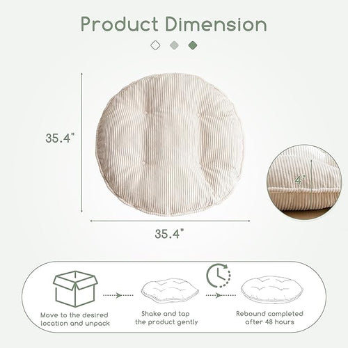 35" Washable Floor Pillow Cushion for Adults, Meditation Cushion Pillow, Extra Large Round Floor Sitting, Removable Tufted Corduroy Cover, for Tatami Living Room or Yoga, Beige, Machine Washable