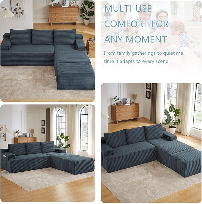 96" W Cloud Sectional Couch with Ottoman,Modern U-Shaped Cloud Couch with Side Pockets,Comfy Corduroy 3-Seater Sofa,Memory Foam Sofa for Living Room,No Assembly (Dark Grey,Right-Facing Chaise)