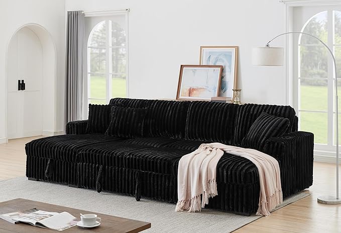 Olodumare 122'' Oversized Sleeper Sectional Sofa with Pull Out Bed for Living Room, U-Shaped Convertible Couch with Double Chaise Storage for Small Space, Plush Comfy Corduroy Fabric, Polar Black