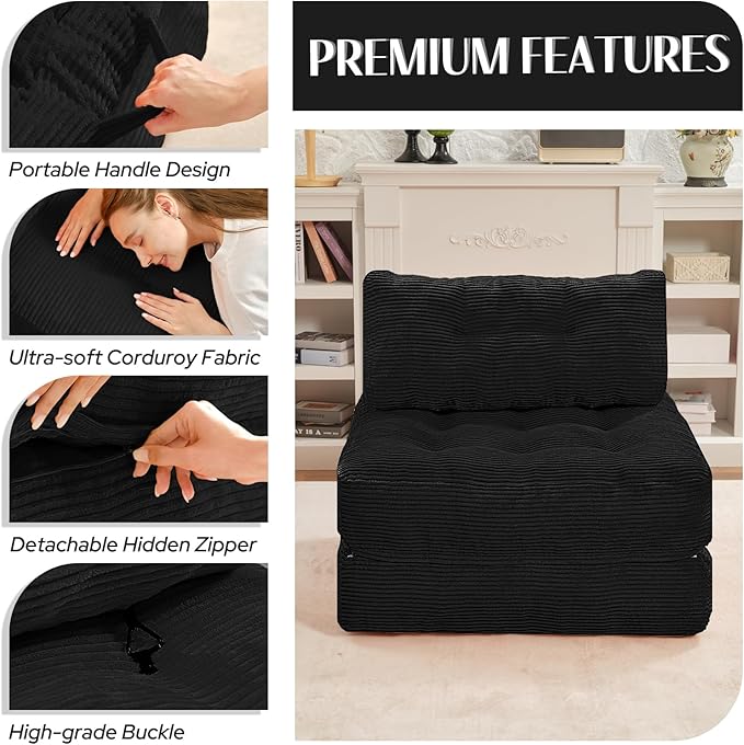 HABUTWAY Folding Sofa Bed, Convertible Sleeper Chair Bed w/Dual-Pillow & Handle, Foldable Floor Sofa Lounge w/Back Support for Living Room, Bedroom, Apartment, Office, Single, Black