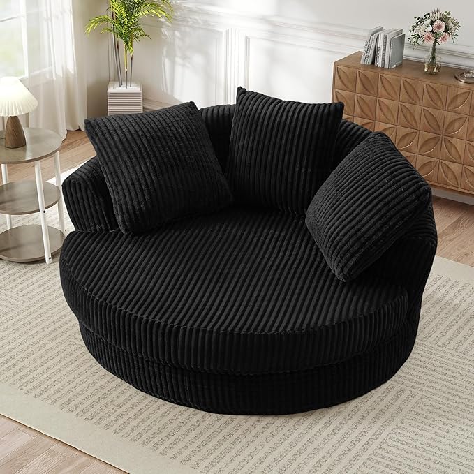61"W Oversized Round Chaise Lounge Chair Indoor, Upholstered Corduroy Large Circle Boneless Chair with Deep Seat, No Assembly Required, Modern Comfy Cloud Sofa Chairs for Living Room, Bedroom(Black)