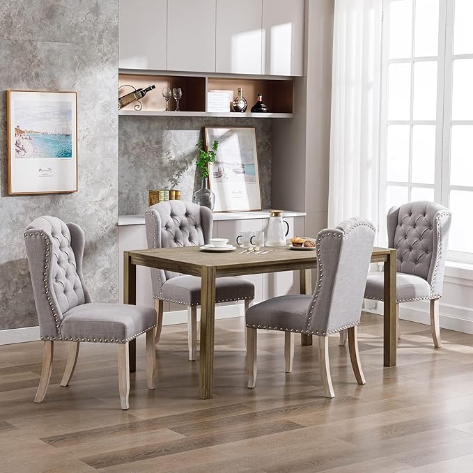 DUOMAY Modern Tufted Dining Chairs Set of 6, Linen Upholstered Dining Room Chairs Armless Guest Side Chair for Kitchen Dining Room, Wingback Accent Chairs with Solid Wood, Grey