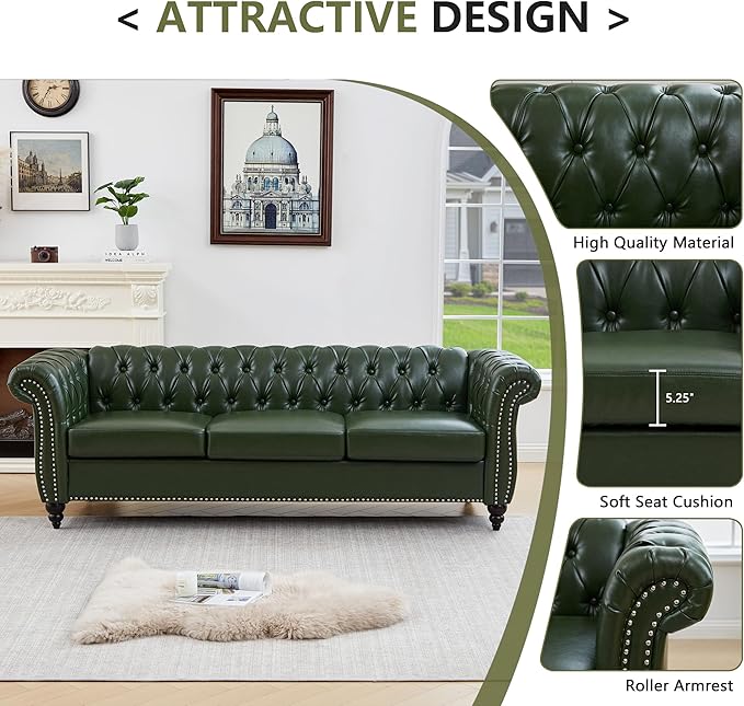 QHITTY Accent Large Sofa, Chesterfield Couch 3 Seater Modern Leather Couch Upholstered Sofa with Tufted Back for Living Room Furniture (Green)