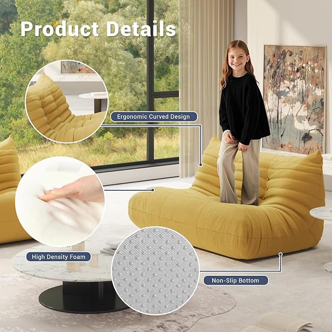 Bean Bag Chair for Adults, Fireside Chair Lazy Floor Sofa, Modern Corduroy Fabric Caterpillar Sofa Couch, Armless Foam Lounger Tatami Recliner Bean Bag Couch for Living Room Bedroom Dorm Office