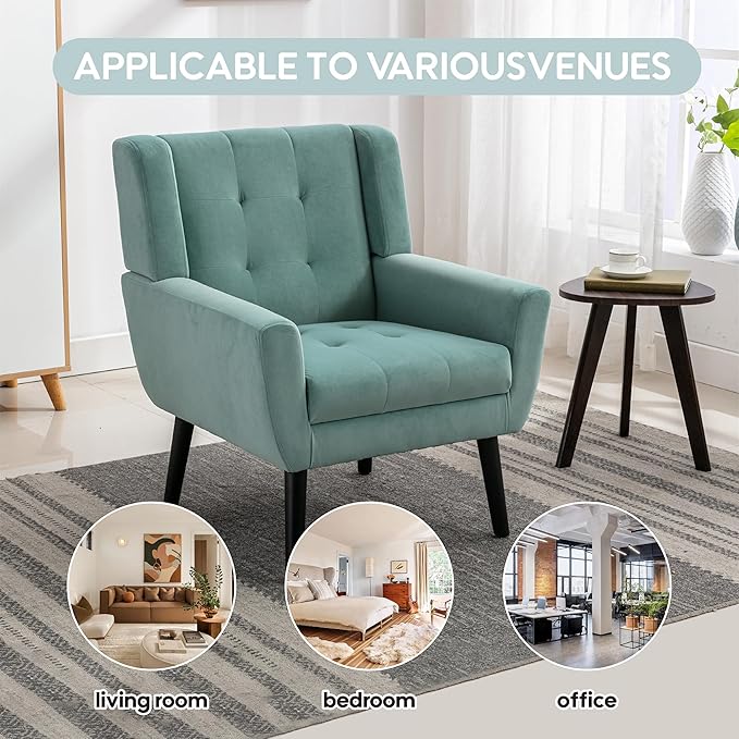 OO BY ORANGE ONLINE Set of 2 Velvet Accent Chair, Mid-Century Modern Tufted Armchair for Living Room, Bedroom & Office (Seafoam Green)