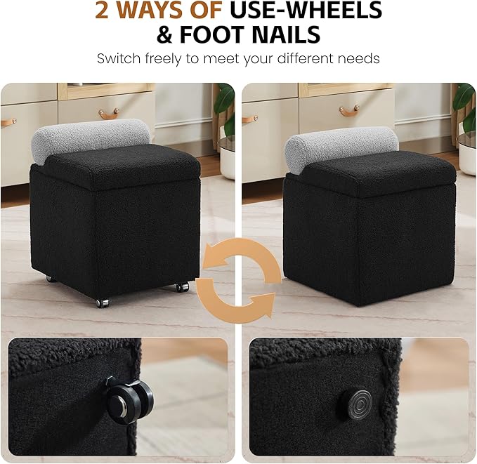 Boucle Vanity Chair with Storage, Swivel Vanity Stool with Safety Hinge, Upholstered Makeup Chair with Wheels, Square Ottoman Stool for Living Room, Dressing, Bedroom, Black