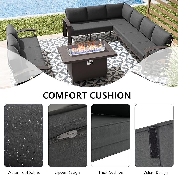 RTDTD Aluminum Outdoor Patio Furniture Set,8 Seats Patio Conversation Sets with 45" Propane Fire Pit Table,Metal Patio Sectional Furniture Set with Ottomans,Grey