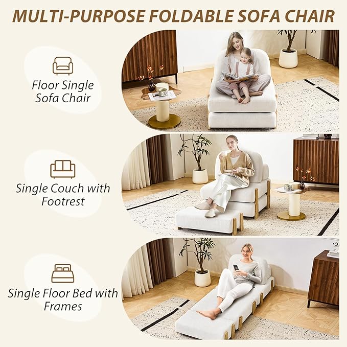 Folding Sofa Bed with Ottoman, 2-in-1 Fold Out Single Sleeper Chair with Wooden Frame, Headrest & Lumbar Pillow, Chenille Boneless Memory-Foam Filled Floor Couch Seating for Living Room Reading, Beige