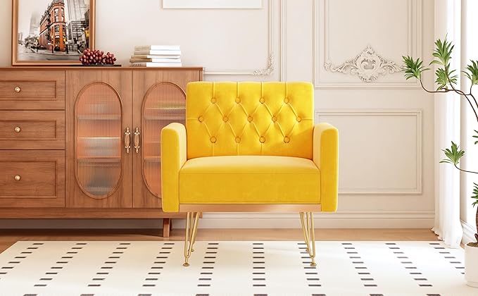 Accent Chair for Living Room, Comfy Oversized Velvet Upholstered Arm Chairs, Mid Century Modern Reading Single Sofa Side Chair with Tufted Back and Gold Legs for Bedroom (1, Mustard)