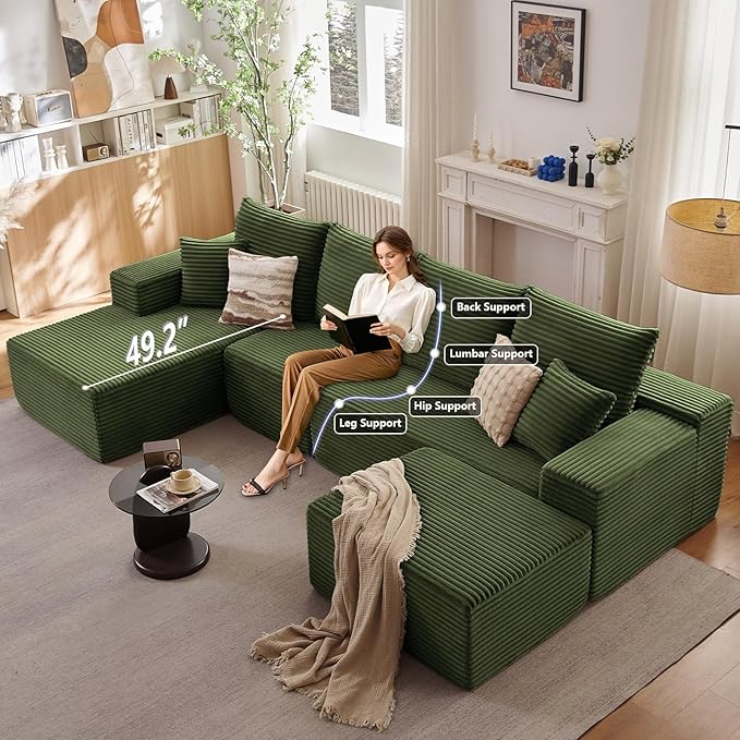 Lakifun 135" L-Shape Sofa with Ottoman, Modern Modular Sectional Comfy U-Shape Cloud Couch, Deep Seat, Upholstered Corduroy Sleeper Chaise Longue for Living Room Bedroom, No Assembly Required, Green