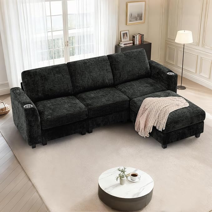 Lesofair 87" Convertible L-Shape Couch with Flexible Ottoman, Soft Sectional Sofa with 2 Built-in Cup Holders, Chenille 3 Seats Sofa with Well-Filled Back Cushions for Living Room, House, Black