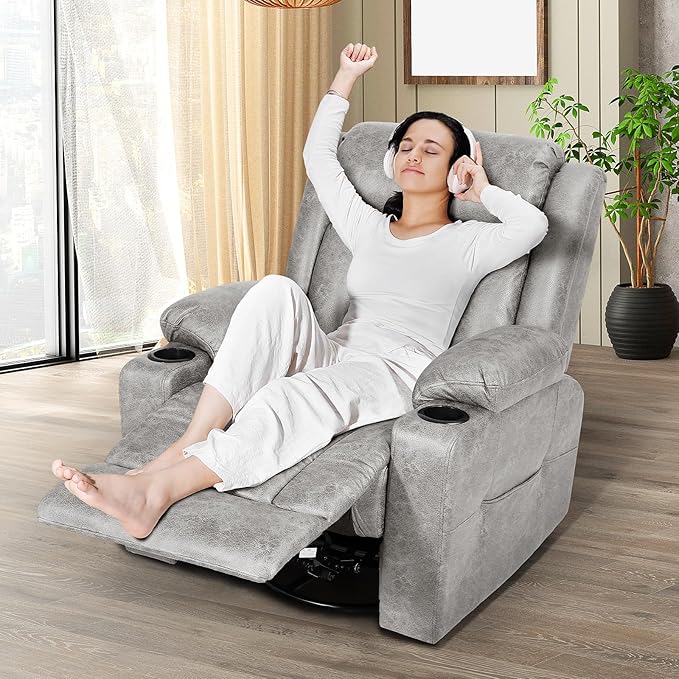 LAFWELL Retro Rocking Recliner Chair, Massage Rocker Recliner Chair with Vibration Massage and Heat, USB and Type-C Ports,360° Swivel Chairs, Living Room, Bedroom, Nursery, RV, Light Grey