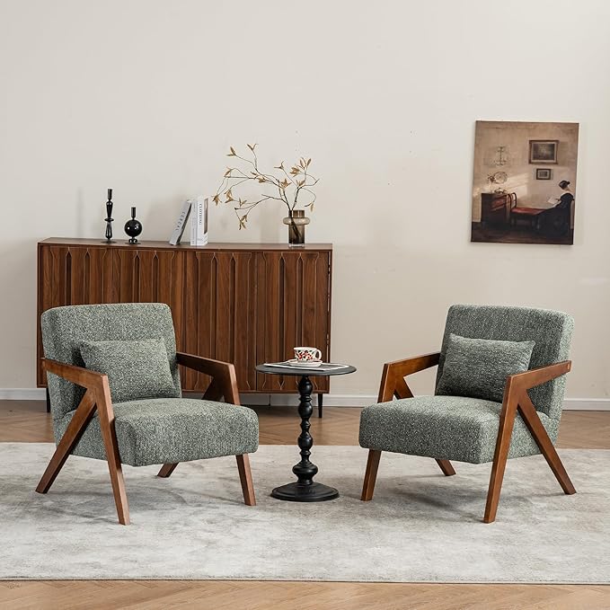 Mid-Century Modern Accent Chair Set of 2 with Solid Wood Frame，Upholstered Chenille Living Room Arm Chairs with Pillow for Bedroom, Living Room, Reading Room, Balcony, Green