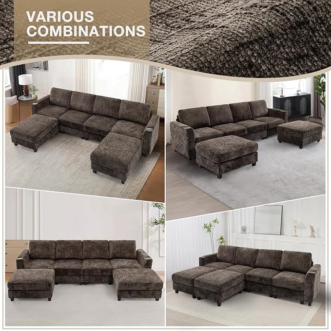 Lesofair 110" Convertible U-Shape Couch with 2 Flexible Ottomans, Soft Sectional Sofa with 2 Built-in Cup Holders, Chenille 4 Seats Sofa with Well-Filled Back Cushions for Living Room, House, Brown