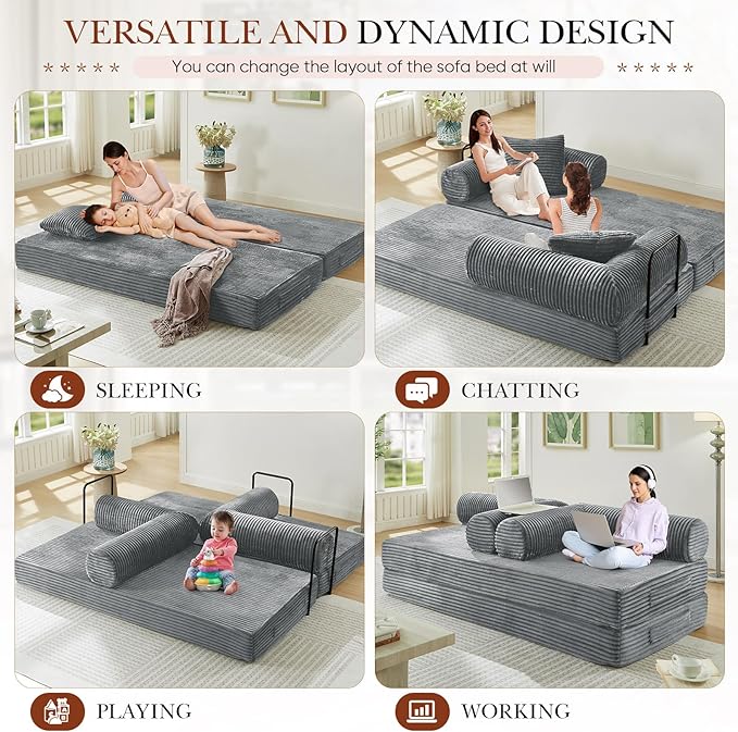 Modular Couch Bed, Convertible Folding Plush Corduroy Comfy Floor Memory Foam Compression Loveseat Sleeper Sofa Couch, King Size Bed for Guest Room Living Room Bedroom, No Assembly Required, Grey